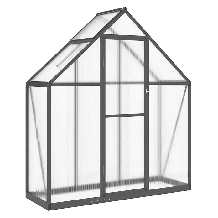 Furnicato Gewächshaus Polycarbonat Anthrazit - 58 x 169 cm, Material Seitenwand: Kunststoff, 10 mm, anthrazit - Dunkelgraues Gewächshaus mit Aluminiumrahmen und transluzenten Paneelen, A-Dach, Flügeltür und offenem Dachfenster.