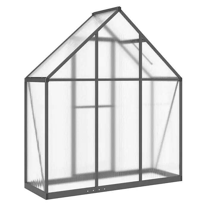 Furnicato Gewächshaus Polycarbonat Anthrazit - 58 x 169 cm, Material Seitenwand: Kunststoff, 10 mm, anthrazit - Ein Gewächshaus mit grauem Metallrahmen und durchscheinenden Paneelen, mit Satteldach.