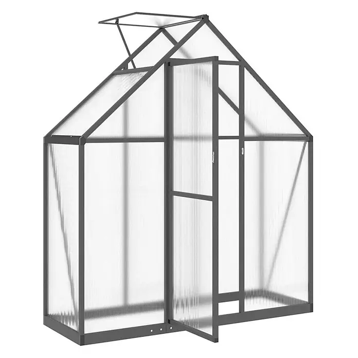 Furnicato Gewächshaus Polycarbonat Anthrazit - 58 x 169 cm, Material Seitenwand: Kunststoff, 10 mm, anthrazit - Grau gerahmtes Gewächshaus mit transparenten Polycarbonatplatten, offenem Dachfenster und offener Vordertür.