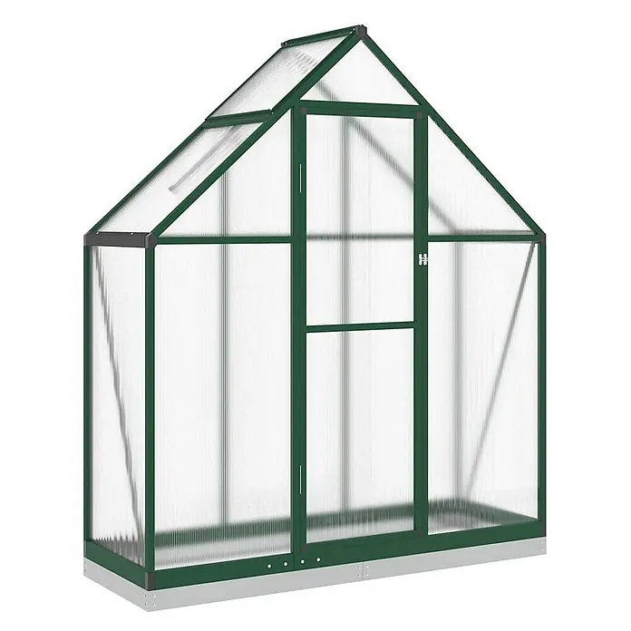 Furnicato Gewächshaus - Außenmaß inkl. Dachüberstand (B x T): 58 x 169 cm, Material Seitenwand: Aluminium, 0,4 mm, grün - Gewächshaus mit grünem Aluminiumrahmen, transparenten Stegplatten, Schiebetür und Dachfenster auf silbernem Sockel.