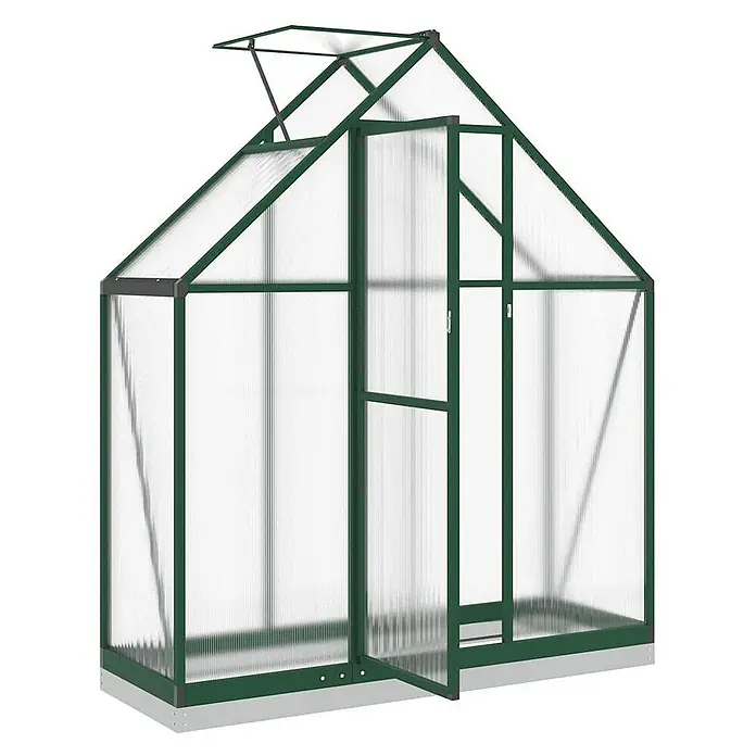 Furnicato Gewächshaus - Außenmaß inkl. Dachüberstand (B x T): 58 x 169 cm, Material Seitenwand: Aluminium, 0,4 mm, grün - Grünes Gewächshaus mit transparenten Paneelen, geöffnetem Dachfenster und offener Tür.