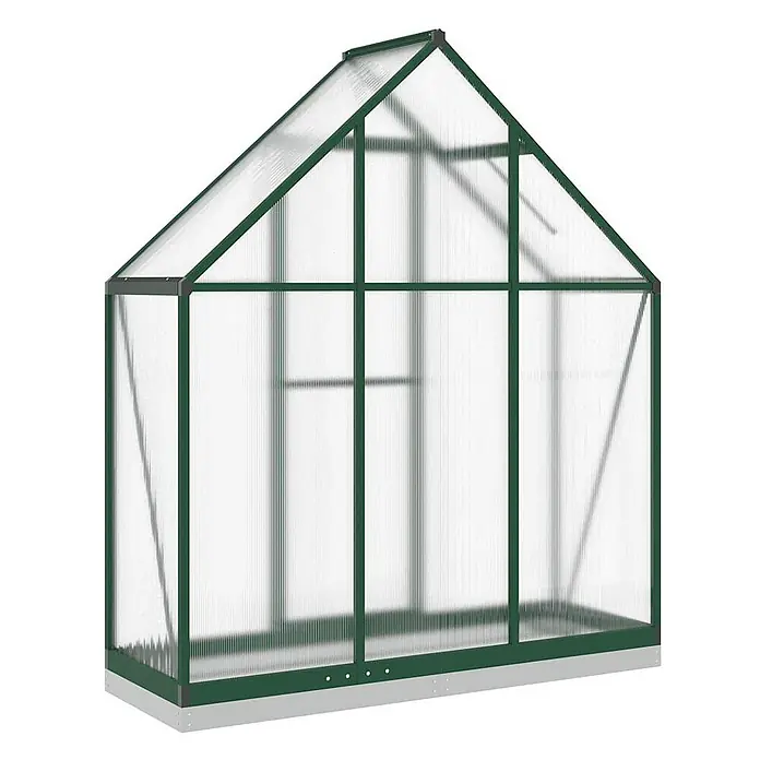 Furnicato Gewächshaus - Außenmaß inkl. Dachüberstand (B x T): 58 x 169 cm, Material Seitenwand: Aluminium, 0,4 mm, grün - Gewächshaus mit grünem Metallrahmen und transparenten Wellplatten aus Polycarbonat, mit Satteldach und stabilem Sockel.