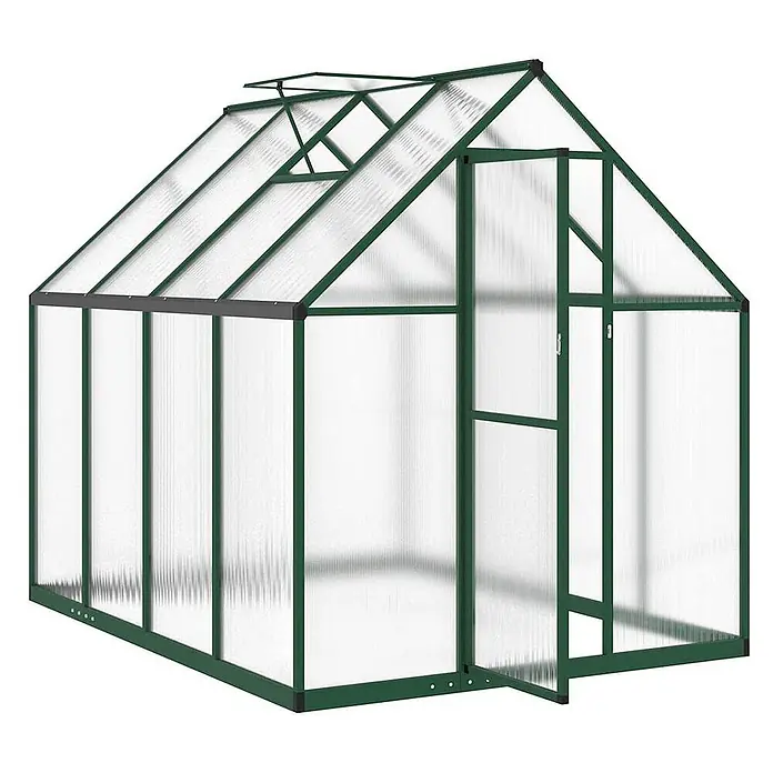 Furnicato Gewächshaus - 169 x 224 cm, Material Seitenwand: Kunststoff, 10 mm, silber - Gewächshaus mit grünem Rahmen, transparenten Polycarbonatplatten und geöffneter Tür.