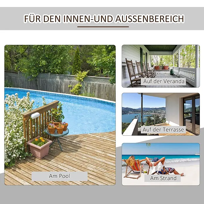 Outsunny Garten-Schaukelstuhl Adirondack - 1 Stk., Tannenholz, Weiß - Bild zeigt die Vielseitigkeit des Produkts für Innen- und Außenbereiche, mit Beispielen am Pool, auf der Veranda, Terrasse und am Strand.