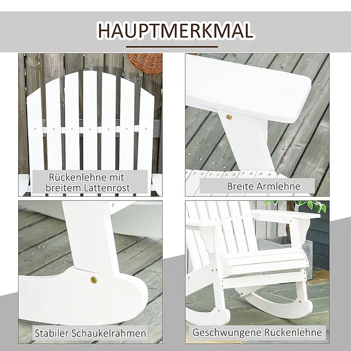 Outsunny Garten-Schaukelstuhl Adirondack - 1 Stk., Tannenholz, Weiß - Weißer Adirondack Schaukelstuhl mit breiter, geschwungener Rückenlehne, breiten Armlehnen und stabilem Schaukelrahmen.