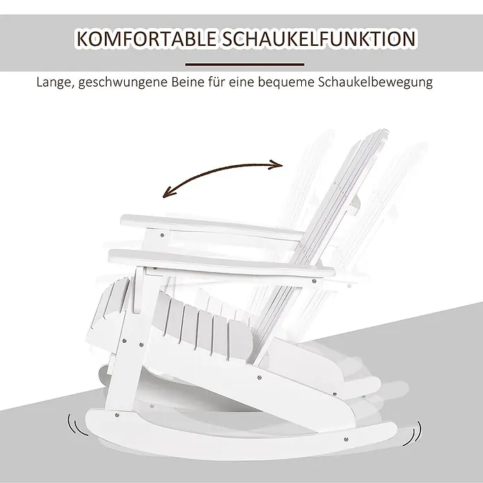 Outsunny Garten-Schaukelstuhl Adirondack - 1 Stk., Tannenholz, Weiß - Weißer Schaukelstuhl mit langen, geschwungenen Beinen, der eine komfortable Schaukelbewegung zeigt.