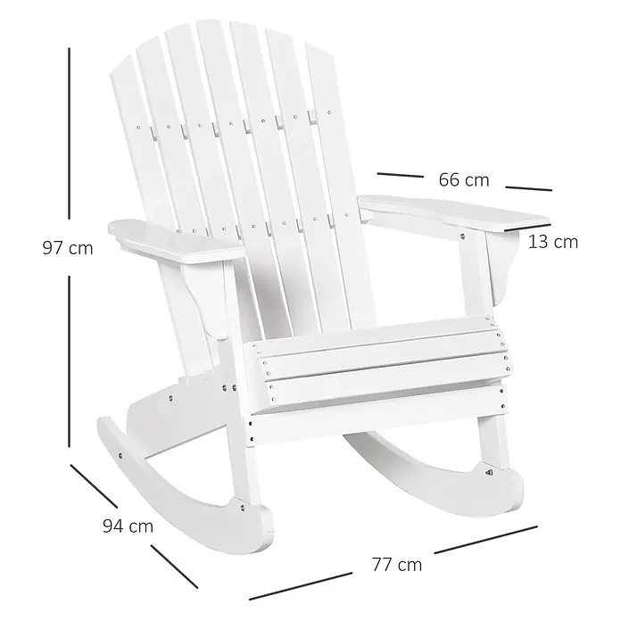 Outsunny Garten-Schaukelstuhl Adirondack - 1 Stk., Tannenholz, Weiß - Weißer Adirondack Schaukelstuhl aus Holz mit Abmessungen.