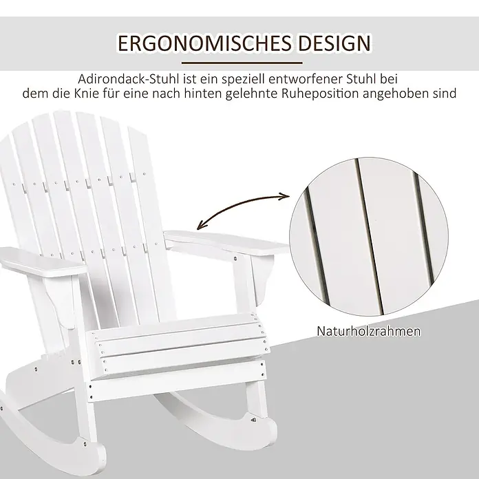 Outsunny Garten-Schaukelstuhl Adirondack - 1 Stk., Tannenholz, Weiß - Weißer Adirondack-Schaukelstuhl aus Holz, ergonomisch geformt.