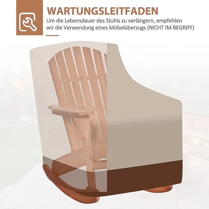 Outsunny Garten-Schaukelstuhl Adirondack - 1 Stk., Tannenholz, Naturholz - Ein Holzschaukelstuhl ist teilweise von einer beigen Schutzhülle bedeckt, die nicht im Lieferumfang enthalten ist.