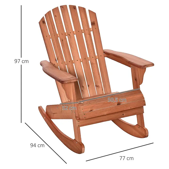 Outsunny Garten-Schaukelstuhl Adirondack - 1 Stk., Tannenholz, Naturholz - Brauner Holz-Schaukelstuhl im Adirondack-Stil mit Maßen.