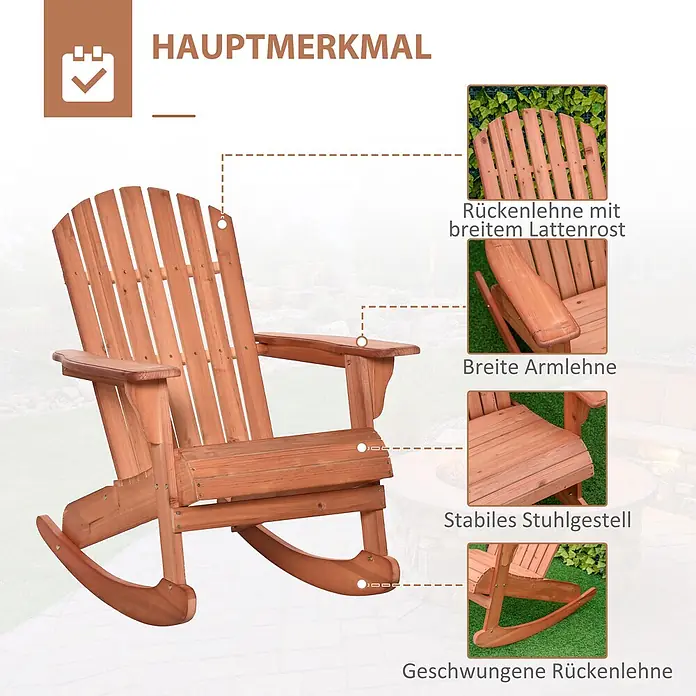 Outsunny Garten-Schaukelstuhl Adirondack - 1 Stk., Tannenholz, Naturholz - Brauner Holzschaukelstuhl mit breiter Lattenrückenlehne und stabiler Konstruktion.