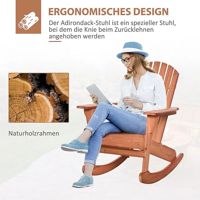 Outsunny Garten-Schaukelstuhl Adirondack - 1 Stk., Tannenholz, Naturholz - Hölzerner Adirondack-Schaukelstuhl mit sitzender Person, der sein ergonomisches Design mit Knieanhebung und Naturholzrahmen hervorhebt.