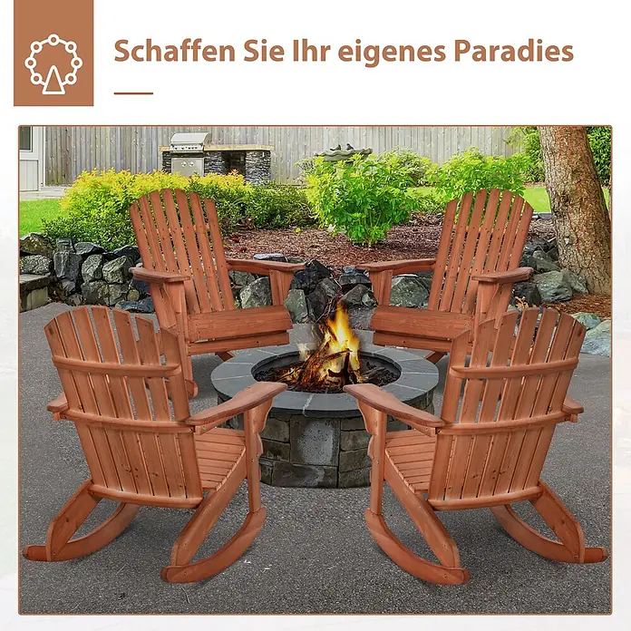 Outsunny Garten-Schaukelstuhl Adirondack - 1 Stk., Tannenholz, Naturholz - Vier braune Adirondack-Schaukelstühle um eine Feuerstelle in einem Garten.