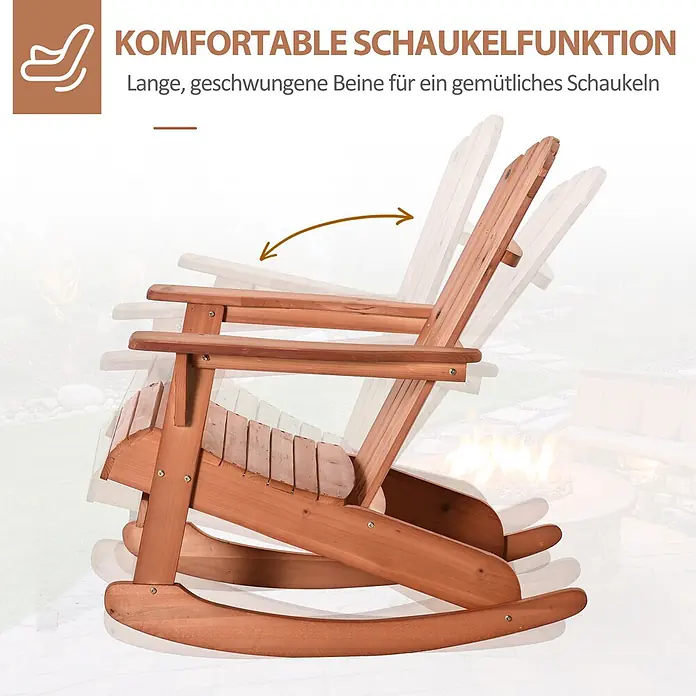 Outsunny Garten-Schaukelstuhl Adirondack - 1 Stk., Tannenholz, Naturholz - Brauner Holz-Schaukelstuhl demonstriert seine sanfte Schaukelfunktion mit langen, gebogenen Kufen.