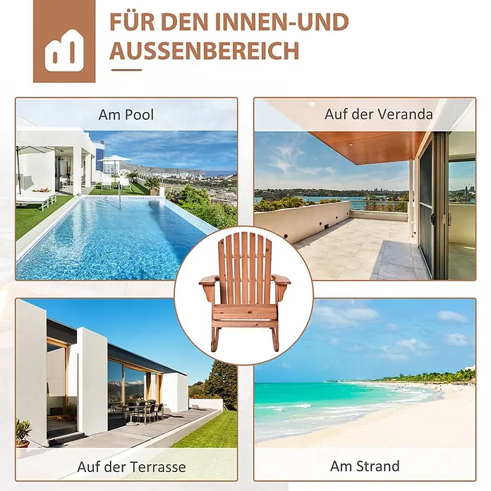 Outsunny Garten-Schaukelstuhl Adirondack - 1 Stk., Tannenholz, Naturholz - Adirondack-Stuhl aus Holz mit verschiedenen Anwendungen im Innen- und Außenbereich.
