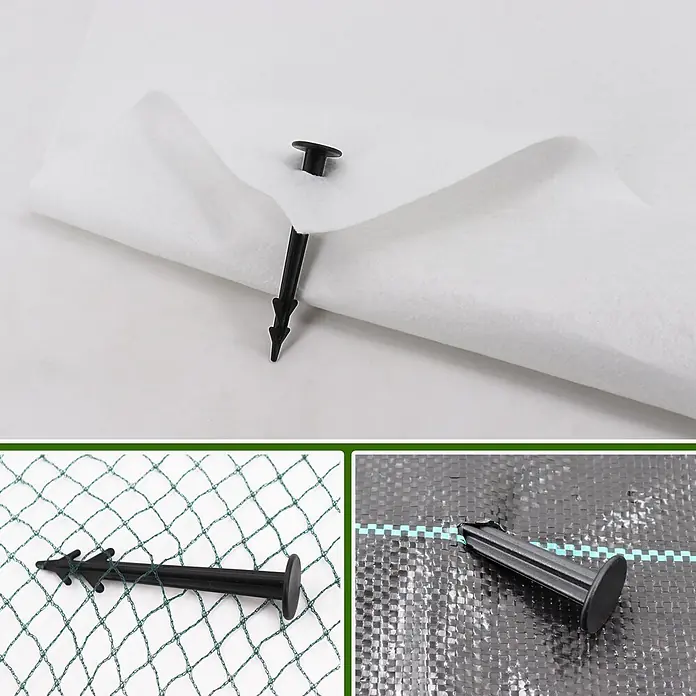 Aquagart Bodenschutzvlies 50 Stück Erdanker Bodenanker -  - Schwarze Kunststoff-Erdspieße sichern weißes Vlies, grünes Netz und schwarzes Unkrautvlies.