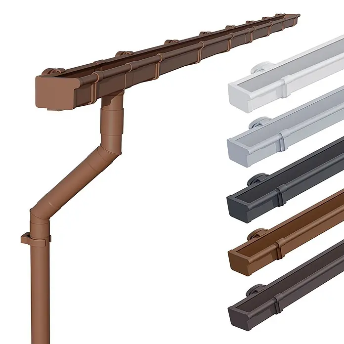 Inefa Kastendachrinne 3m Set PVC NW68 / 68mm Braun - Nennweite: 68 mm, Kunststoff, Braun - Kunststoff-Regenrinnensystem in Braun, gezeigt mit Farboptionen: Weiß, Grau, Dunkelgrau und Dunkelbraun.