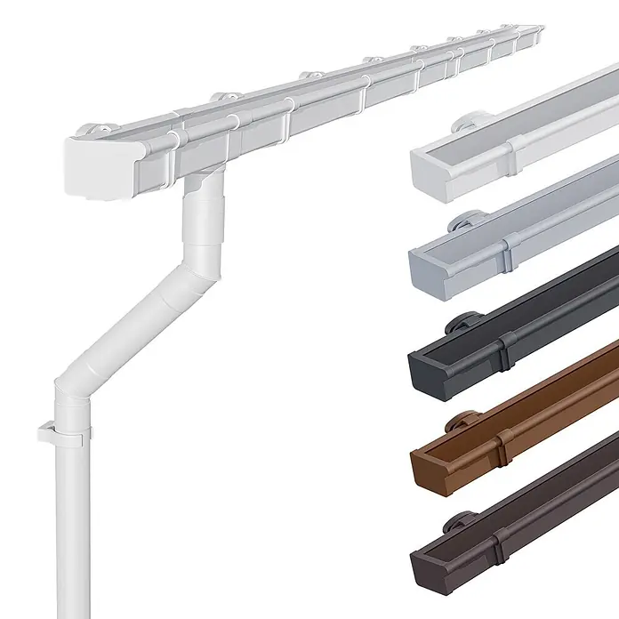Inefa Kastendachrinne 2x Set 5m PVC NW68 / 68mm Weiß - Nennweite: 68 mm, Kunststoff, Weiß - Weißes PVC-Regenrinnensystem mit Fallrohr, dazu Farbmuster in Hellgrau, Dunkelgrau, Braun und Dunkelbraun.