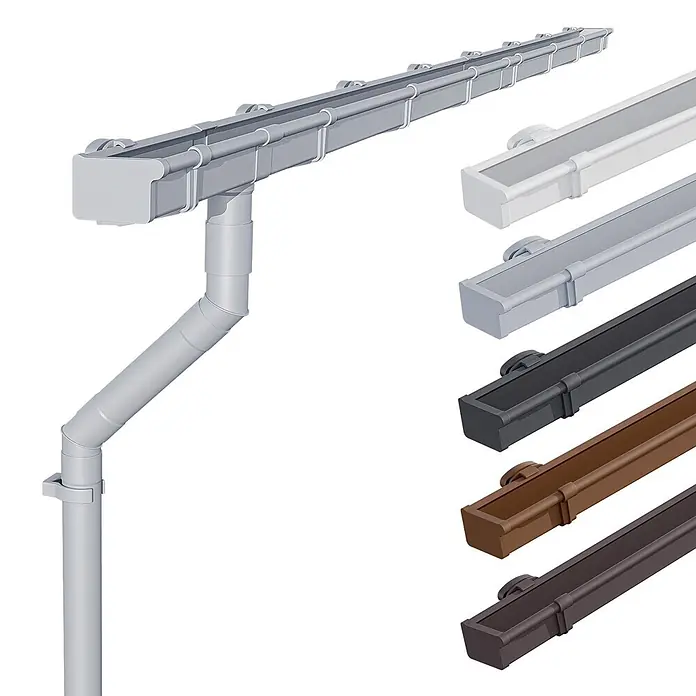 Inefa Kastendachrinne 2x Set 5m PVC NW68 / 68mm Grau - Nennweite: 68 mm, Kunststoff, Silber - Ein hellgraues modulares Dachrinnensystem mit Fallrohr; separate Dachrinnenabschnitte in Weiß, Hellgrau, Schwarz, Braun und Dunkelbraun.