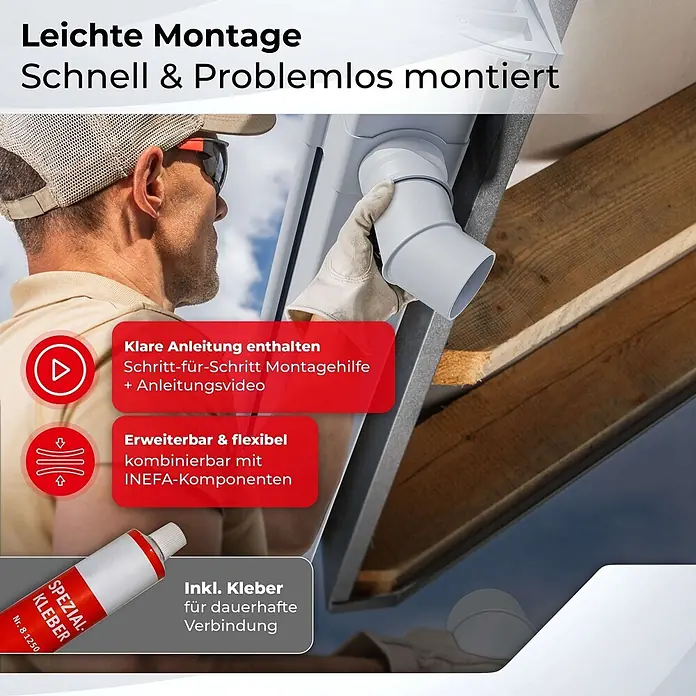 Inefa Kastendachrinne 2x Set 5m PVC NW68 / 68mm Weiß - Nennweite: 68 mm, Kunststoff, Weiß - Weißes Dachrinnensystem wird von einer Person installiert. Leichte Montage mit Spezialkleber und Anleitung.