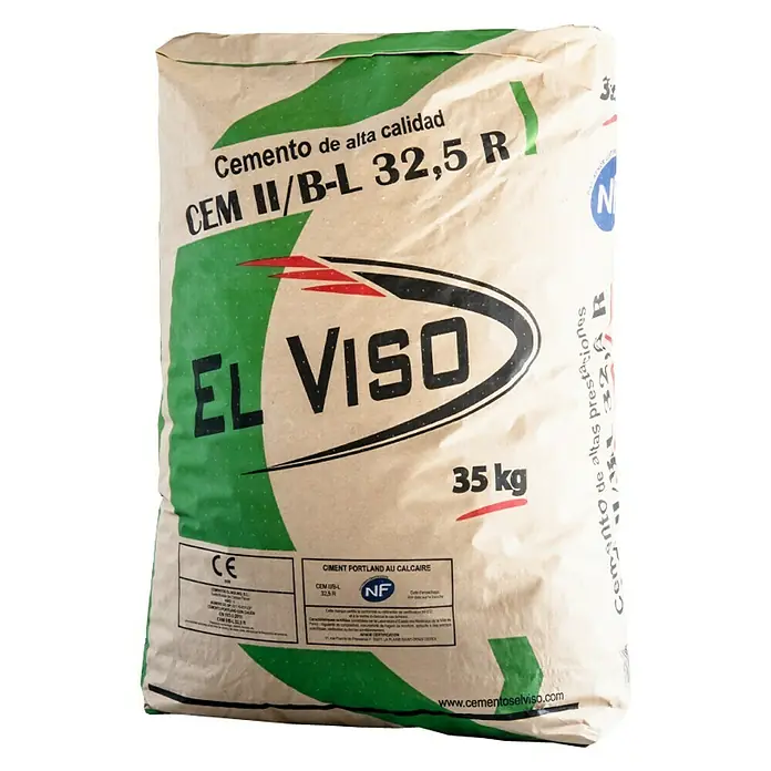BHS Madrid Cemento Tipo II B-L 32,5R El Viso - 35 kg - Un saco de cemento "El VISO" CEM II/B-L 32,5 R, con un peso de 35 kg, perfecto para proyectos de construcción de alta calidad.