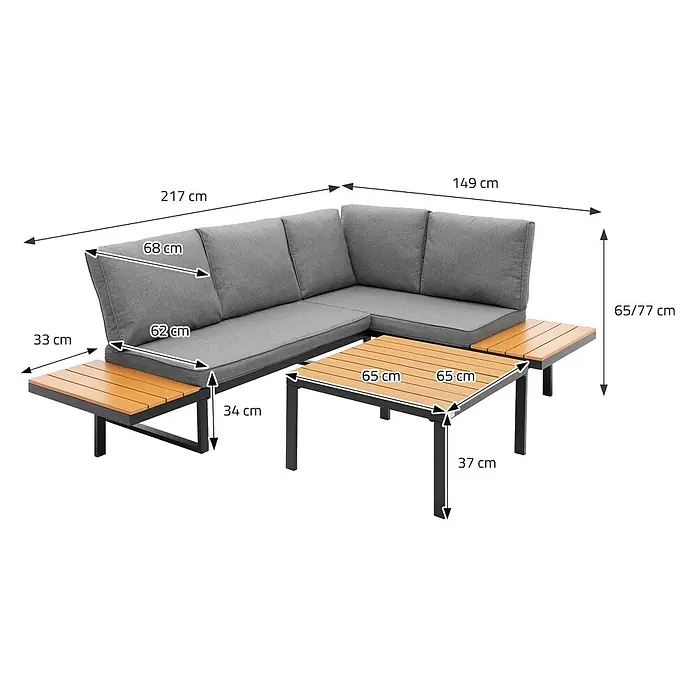 ML-Design Loungesofa - B x T x H: 217 x 62 x 77 cm, Stahl, Grau - Graue L-förmige Outdoor-Lounge-Sitzgruppe mit schwarzem Gestell und Holztischen. Maße abgebildet.