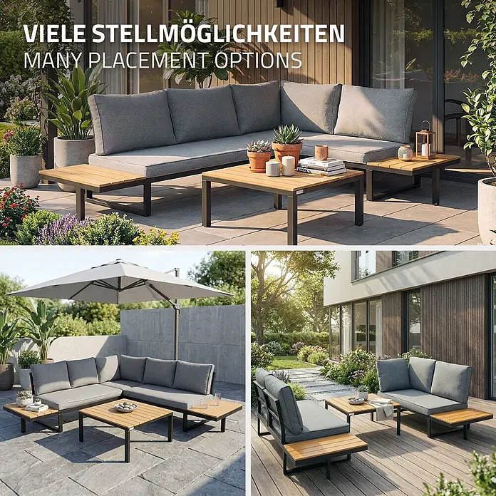 ML-Design Loungesofa - B x T x H: 217 x 62 x 77 cm, Stahl, Grau - Vielseitiges Outdoor-Loungeset mit grauen Kissen und Holztischen auf einer Terrasse, in verschiedenen modularen Anordnungen gezeigt.