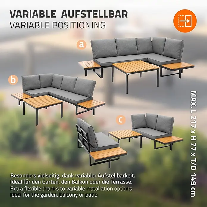 ML-Design Loungesofa - B x T x H: 217 x 62 x 77 cm, Stahl, Grau - Modulares Gartenlounge-Set in Grau mit Holztischen, in drei Konfigurationen gezeigt.