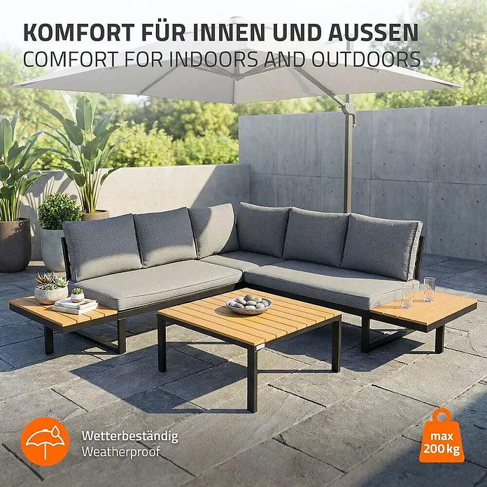 ML-Design Loungesofa - B x T x H: 217 x 62 x 77 cm, Stahl, Grau - L-förmige Outdoor-Lounge mit grauen Kissen, Holztischplatten und dunklen Gestellen. Wetterbeständig, max. 200 kg.
