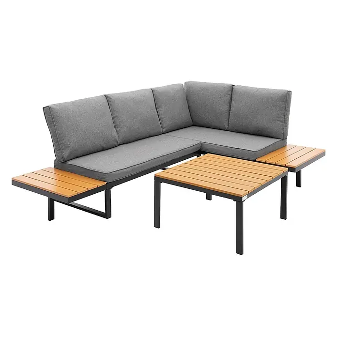 ML-Design Loungesofa - B x T x H: 217 x 62 x 77 cm, Stahl, Grau - L-förmiges Outdoor-Sofa mit grauen Kissen, integrierten Holztischen und passendem Couchtisch. Schwarzes Metallgestell.