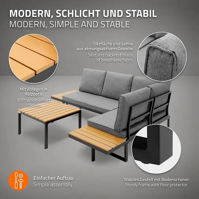 ML-Design Loungesofa - B x T x H: 217 x 62 x 77 cm, Stahl, Grau - Modernes Outdoor-Lounge-Set mit grauen Polstern, schwarzem Metallrahmen und Holzoptik-Ablagen für die Terrasse.