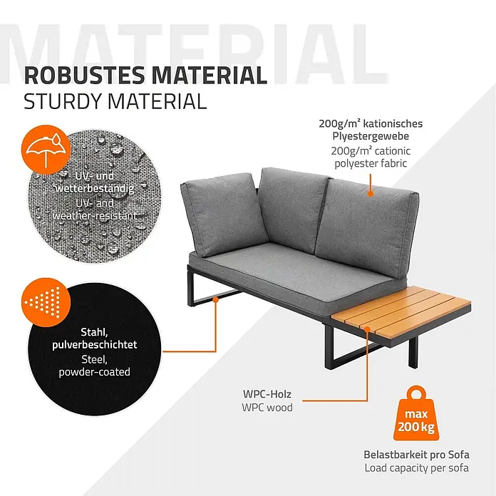 ML-Design Loungesofa - B x T x H: 217 x 62 x 77 cm, Stahl, Grau - Gartensofa mit grauen Kissen, pulverbeschichtetem Stahlgestell, WPC-Seitentisch. UV- & wetterbeständiges kationisches Polyestergewebe, 200 kg Tragfähigkeit.