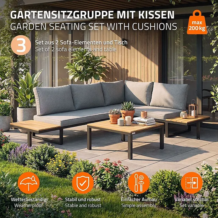ML-Design Loungesofa - B x T x H: 217 x 62 x 77 cm, Stahl, Grau - Graue Garten-Sitzgruppe mit L-förmigem Sofa, Holztischplatten für Couch- und Beistelltische auf einer Terrasse.
