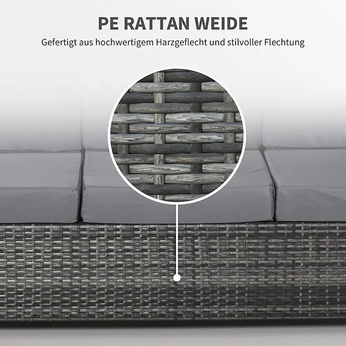 Outsunny Loungesofa - Metall, PE-Rattan, Polyester, Grau - Graues PE-Rattan-Sofa mit detailierter Flechtstruktur und grauen Kissen.