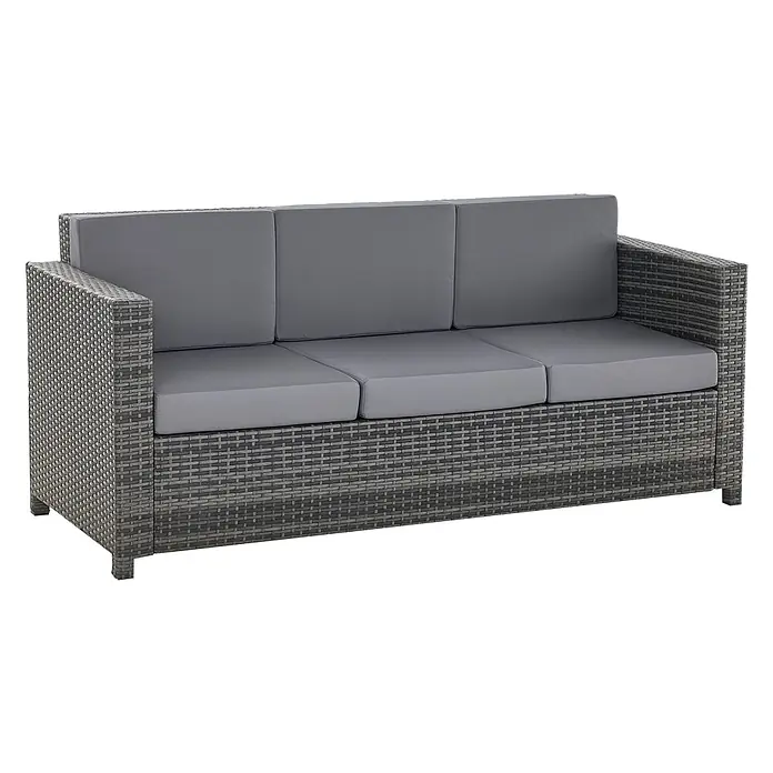 Outsunny Loungesofa - Metall, PE-Rattan, Polyester, Grau - Graues 3-Sitzer Rattan-Gartensofa mit passenden grauen Kissen.