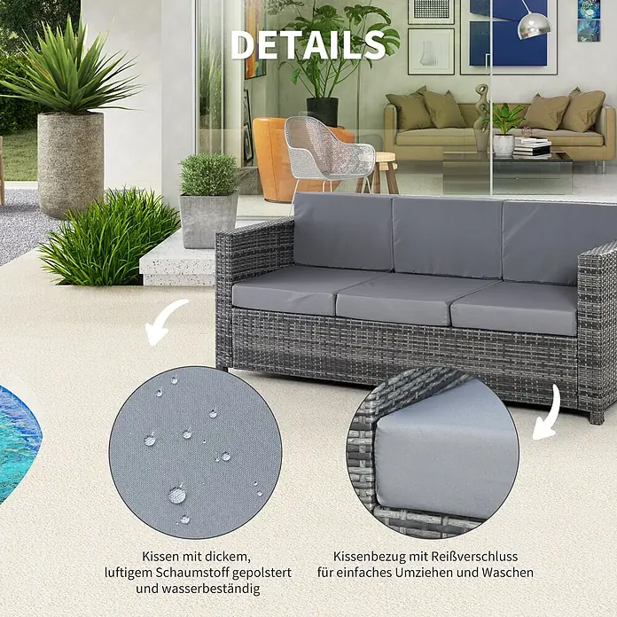 Outsunny Loungesofa - Metall, PE-Rattan, Polyester, Grau - Graues Rattan-Outdoor-Sofa mit dicken, wasserabweisenden grauen Kissen mit Reißverschluss, auf einer Terrasse mit Pool-Details.