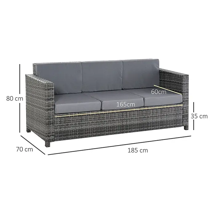 Outsunny Loungesofa - Metall, PE-Rattan, Polyester, Grau - Graues Rattan-3-Sitzer-Outdoor-Sofa mit dunkelgrauen Kissen und Maßen.