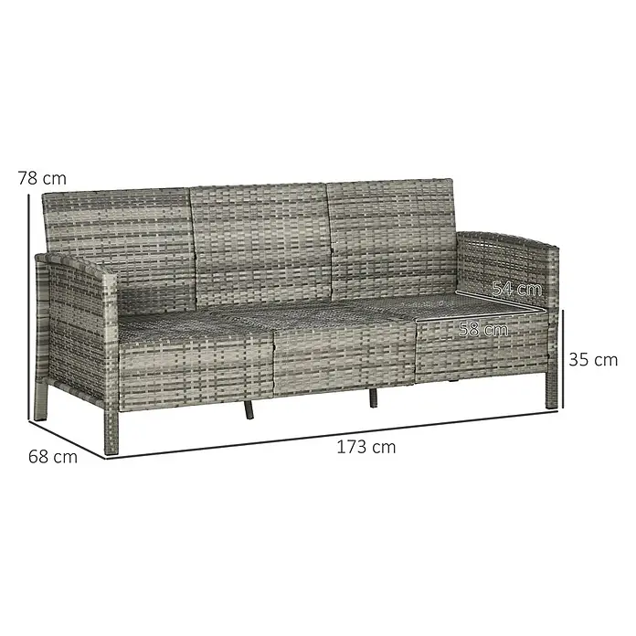 Outsunny Loungesofa - Stahl, PE-Kunststoff, Polyester, Grau - Graues Rattan 3-Sitzer Outdoor-Sofa.