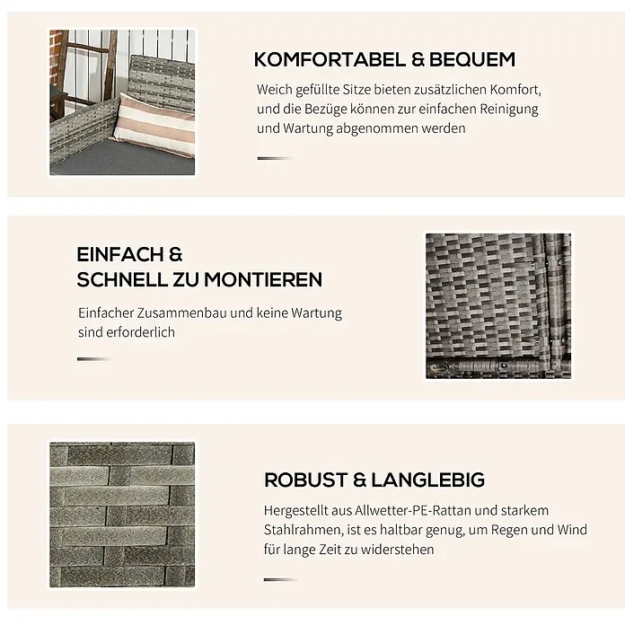 Outsunny Loungesofa - Stahl, PE-Kunststoff, Polyester, Grau - Outdoor-Sitzgruppe aus grauem PE-Rattan mit Kissen, komfortabel, einfach zu montieren und wetterfest.