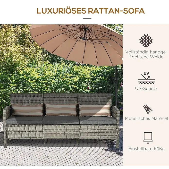 Outsunny Loungesofa - Stahl, PE-Kunststoff, Polyester, Grau - Graues Rattansofa für den Außenbereich mit dunklen Kissen und gestreiften Polstern auf einer Terrasse.