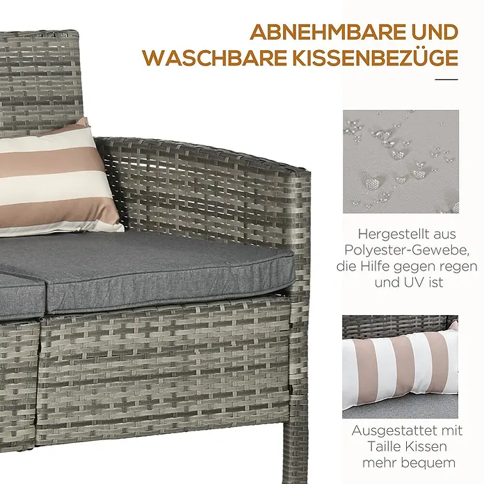 Outsunny Loungesofa - Stahl, PE-Kunststoff, Polyester, Grau - Graues Rattan-Gartensofa mit dunkelgrauen Kissen und einem beige-weiß gestreiften Zierkissen.