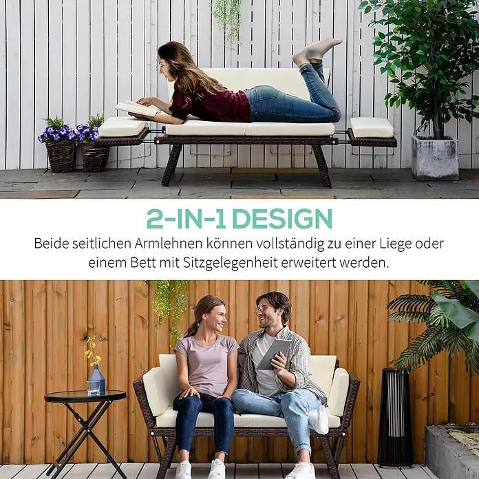 Outsunny Loungesofa - Stahl, Polyrattan, Polyester, Braun, Cremeweiß, Klappbar - Braunes Rattan 2-in-1 Outdoor-Sofa mit cremefarbenen Kissen, umwandelbar zur Liege oder zum Tagesbett durch ausziehbare Armlehnen.