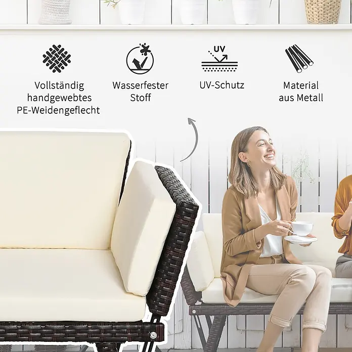 Outsunny Loungesofa - Stahl, Polyrattan, Polyester, Braun, Cremeweiß, Klappbar - Dunkelbraunes handgewebtes PE-Rattan-Loungesofa mit cremefarbenen Kissen, wasserdichtem Stoff, UV-Schutz und Metallrahmen.