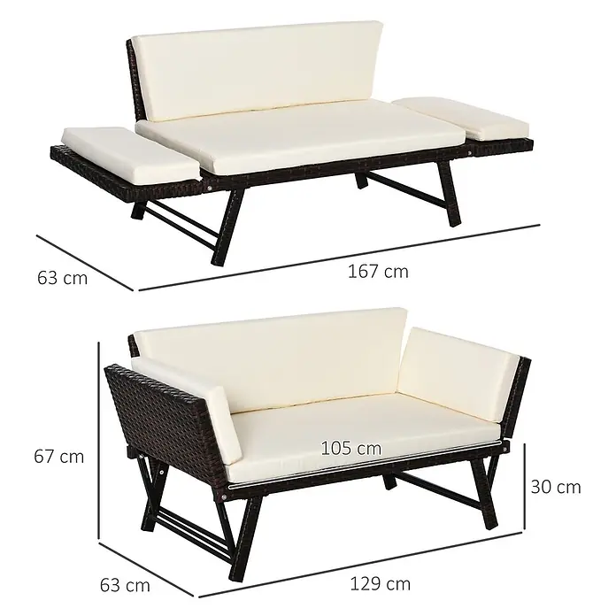 Outsunny Loungesofa - Stahl, Polyrattan, Polyester, Braun, Cremeweiß, Klappbar - Gartenbank in Rattan-Optik (Braun) mit cremefarbenen Kissen, als 2-Sitzer und ausgezogen als Tagesbett.