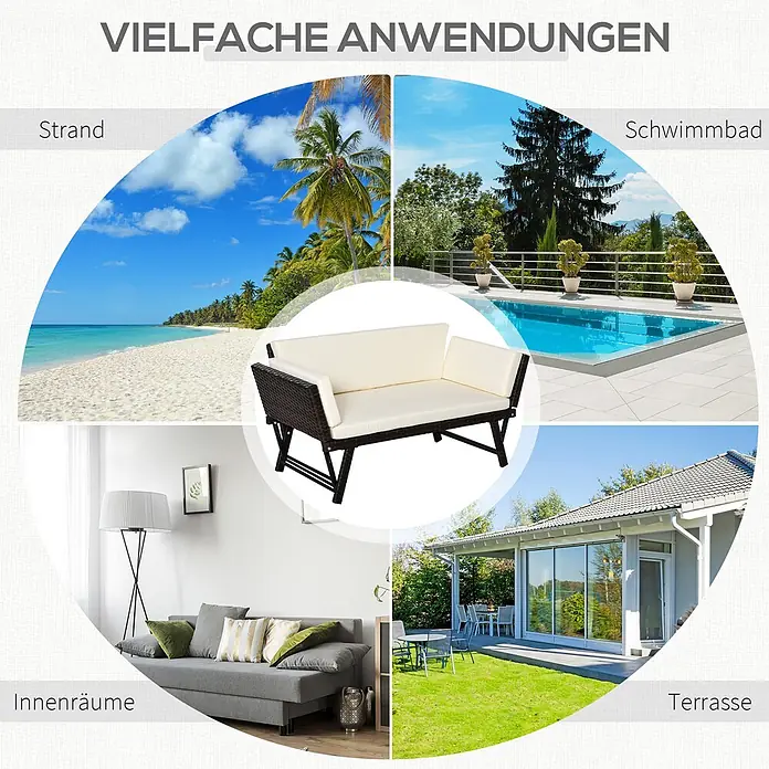 Outsunny Loungesofa - Stahl, Polyrattan, Polyester, Braun, Cremeweiß, Klappbar - Vielseitiges dunkelbraunes Rattan-Gartensofa mit cremefarbenen Kissen, geeignet für Strand, Pool, Innenräume und Terrasse.