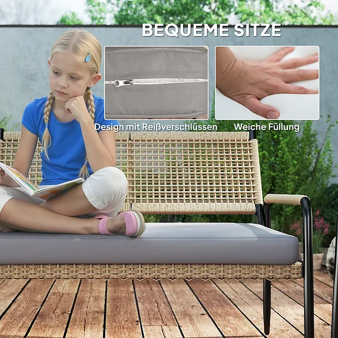 Outsunny Loungemöbel-Set - 4 -tlg., Stahl, PE-Rattan, Polyester, Gehärtetes Glas, Sitzkissen, Dunkelgrau - Geflochtene Gartenbank mit grauen Kissen; Nahaufnahmen zeigen Kissenreißverschluss und weiche Füllung. Ein Kind liest darauf.