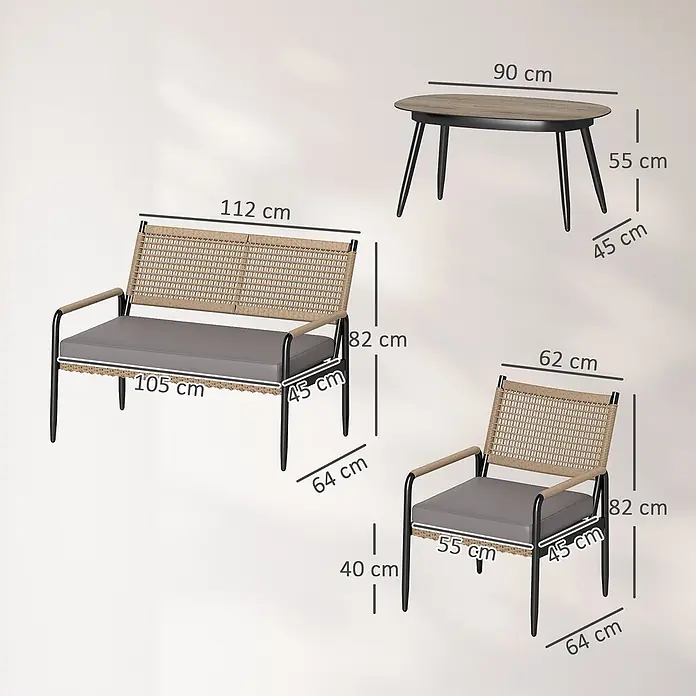 Outsunny Loungemöbel-Set - 4 -tlg., Stahl, PE-Rattan, Polyester, Gehärtetes Glas, Sitzkissen, Dunkelgrau - Outdoor-Möbelset: beiges geflochtenes Sofa, Sessel mit grauen Kissen und ovaler Holztisch, alle mit schwarzen Gestellen. Maße sichtbar.