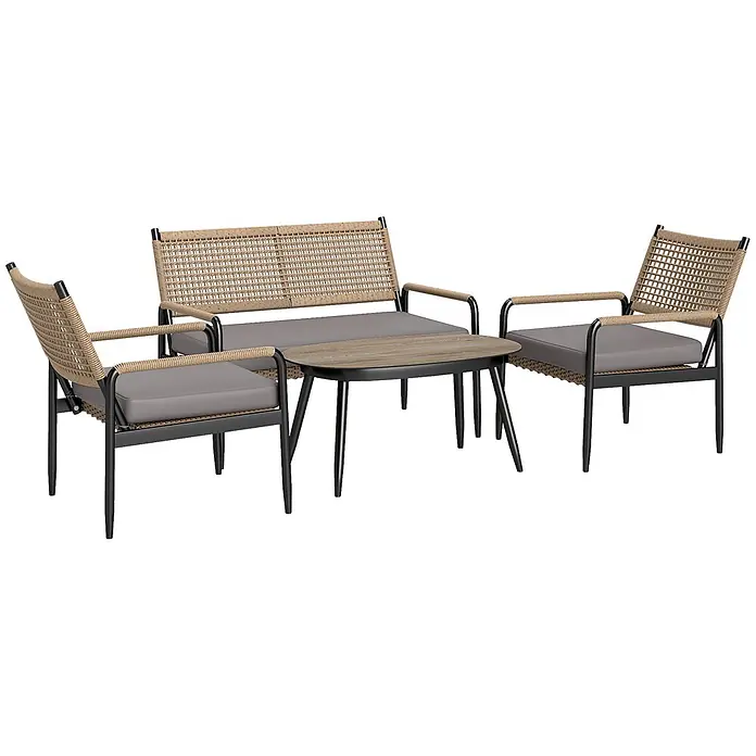 Outsunny Loungemöbel-Set - 4 -tlg., Stahl, PE-Rattan, Polyester, Gehärtetes Glas, Sitzkissen, Dunkelgrau - Outdoor-Loungeset mit beigen Seilgeflecht-Sitzen, dunkelgrauen Kissen, schwarzen Metallrahmen und einem ovalen Couchtisch in Holzoptik.