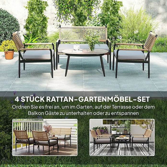 Outsunny Loungemöbel-Set - 4 -tlg., Stahl, PE-Rattan, Polyester, Gehärtetes Glas, Sitzkissen, Dunkelgrau - 4-teiliges Rattan-Gartenmöbel-Set mit schwarzen Rahmen und grauen Kissen, bestehend aus zwei Stühlen, einer Bank und einem Couchtisch.