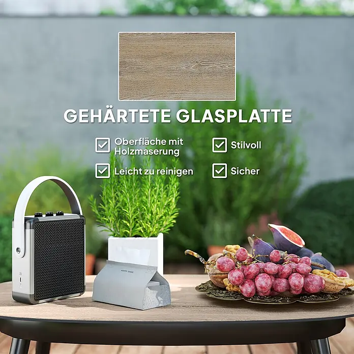 Outsunny Loungemöbel-Set - 4 -tlg., Stahl, PE-Rattan, Polyester, Gehärtetes Glas, Sitzkissen, Dunkelgrau - Gehärtete Glas-Tischplatte mit Holzmaserung für den Außenbereich. Stilvoll und leicht zu reinigen.